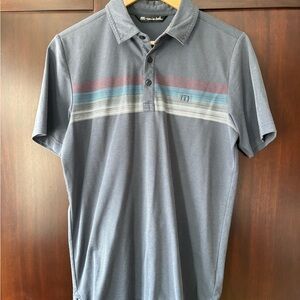 Travis Mathew Slate Blue Polo with Multi-Color Chest Stripes